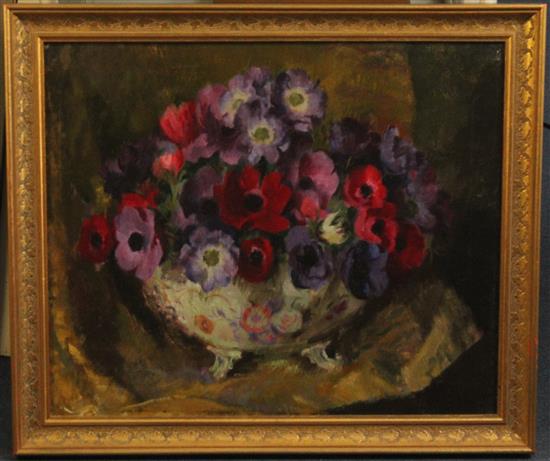 Modern British Still life of peonies in a bowl, 20 x 24in.